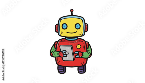 Arcade-style vector robot assistant holding tablet for technical support and corporate automation innovation during World Science Day