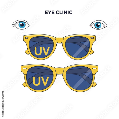 Graphic Illustration Depicting Stylish Sunglasses with UV Protection and Eye Clinic Branding