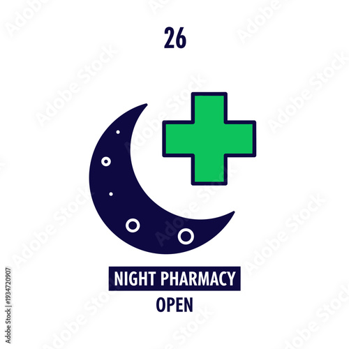 Graphic Illustration Depicting Night Pharmacy Emblem Featuring Crescent Moon, Medical Cross and
