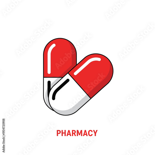 Graphic Illustration Depicting Two Pharmaceutical Capsules In Red And White, Pharmacy Concept