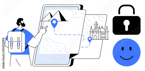 Navigation concept. Navigation is ed through maps, location pins, castles, and user interaction. Navigation ensures secure journeys, travel planning, and digital experiences. For travel apps