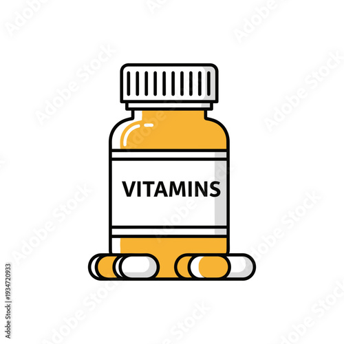 Graphic Illustration of a Vitamin Bottle and Capsules Representing Health and Wellness Products