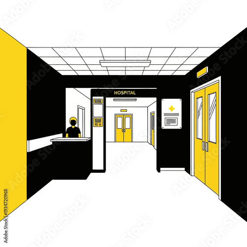 Graphic Illustration of Modern Hospital Interior: Yellow and Black Minimalist Design