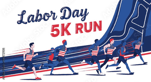 Labor day 5k run illustration with runners wearing american flag tank tops on road