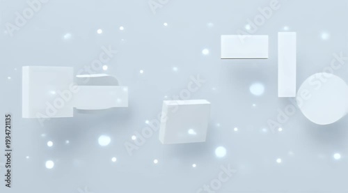 Abstract arrangement of white geometric shapes with glowing orbs