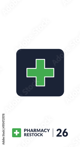 Graphic Representation Of Pharmacy Symbol With A Green Cross And Dark Blue Background