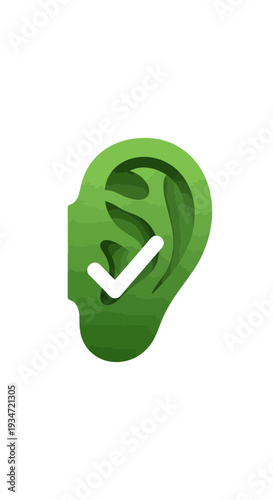 Green Ear Illustration With White Checkmark Represents Successful Listening And Clarity