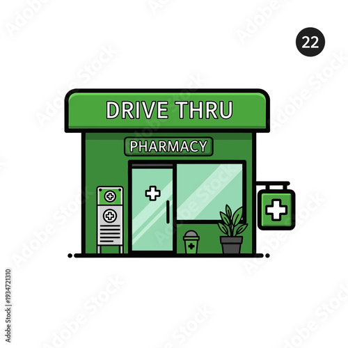 Green Drive-Thru Pharmacy Building Illustration, A Modern Medical Retail Experience