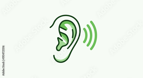 Green Ear Symbolizing Sound and Listening, Modern Vector Illustration on White Background