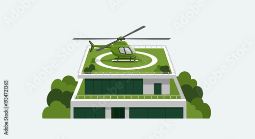 Green Helicopter Landing On Modern Building Rooftop With Lush Greenery Concept Design