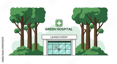 Green Hospital Launch Event: Nature-Inspired Healthcare Concept Design in Illustration Style