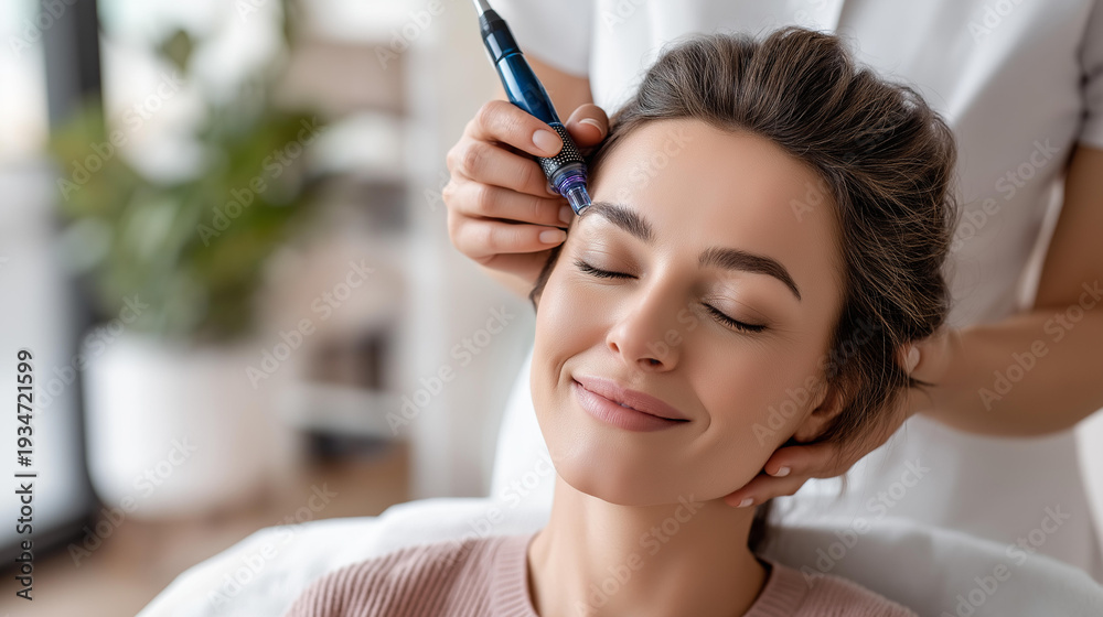 Fototapeta premium Young woman receiving a professional microneedling facial treatment with a microneedling pen device for skin rejuvenation in a bright beauty salon, defocused background, aesthetic