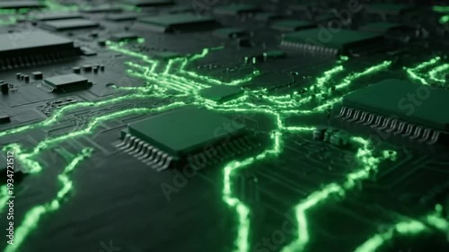 4K futuristic circuit board glowing green neon lights slow motion close-up technology video footage