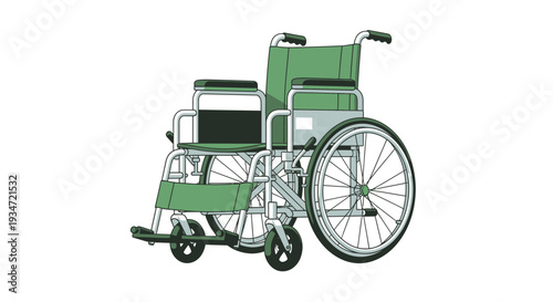 Green Wheelchair Isolated On White Background: Mobility And Medical Equipment Concept