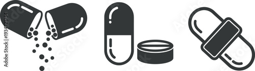 Black and white illustration of various capsule and pill shapes isolated on transparent background