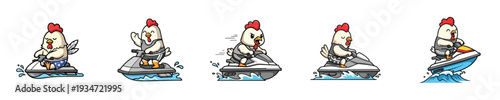 Water Adventure Jet Ski Chicken Character Flat Vector Bundle
