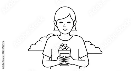 Woman holding a bucket of popcorn.