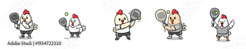 Sports Character Tennis Chicken Mascot Flat Vector Bundle