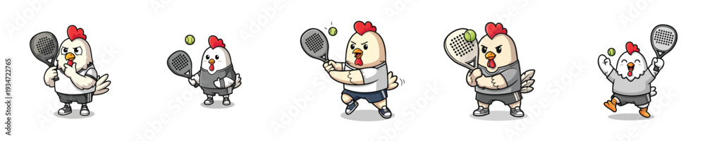 Fototapeta premium Tennis Player Rooster Mascot Character Flat Design Set