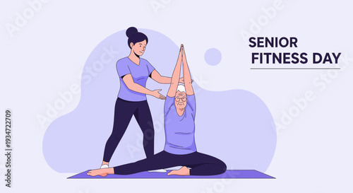 Healthy Senior Practicing Yoga With Guidance On Senior Fitness Day Illustration
