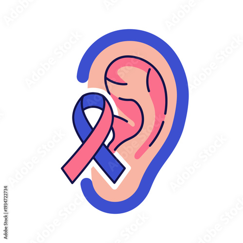 Hearing Awareness And Advocacy Emblem Displaying An Ear With A Supportive Colored Ribbon