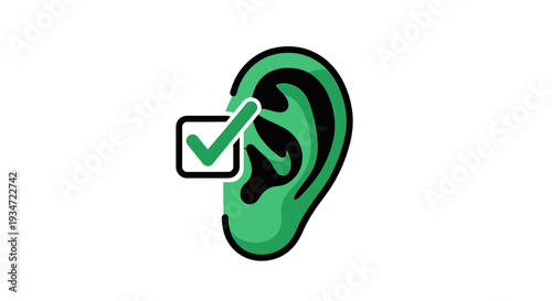 Hearing Confirmation Graphic: Green Ear With Checkmark Symbol Indicates Auditory Validation