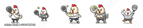 Tennis Player Rooster Mascot Character Flat Design Set
