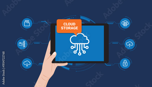 Hands holding tablet with cloud storage label and connected icons, illustrating secure online backup, data transfer, and modern cloud computing system.