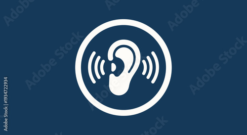 Hearing Icon Depicting Sound Waves With Ear Inside Circular Design On Blue Background
