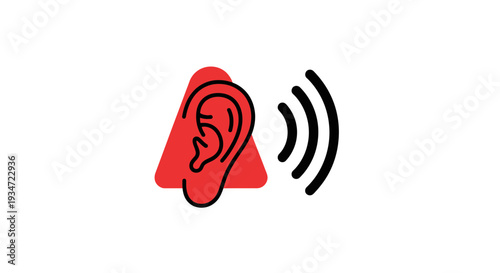 Hearing Icon Depicting Auditory Perception in Red Triangle Signal and Sound Waves