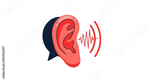 Hearing Process, Sound Waves, and Communication Concept Depicted Through Cartoon Ear