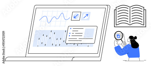 Data analysis concept. Data analysis through graphs on a computer, user studying details under a magnifier, connected to research processes. Ideal for technology, education, and business studies