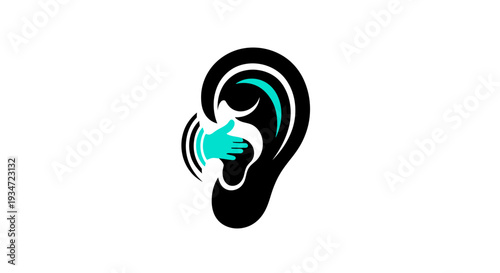 Hearing Aid Logo Depicting Ear And Hand Gesture, Clear and Effective Symbol