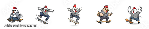 Extreme Sports Skateboard Chicken Mascot Flat Vector Collection