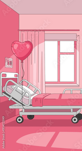 Heart Balloon Floats Above Empty Hospital Bed: Romanticized Healthcare in Pink Tones
