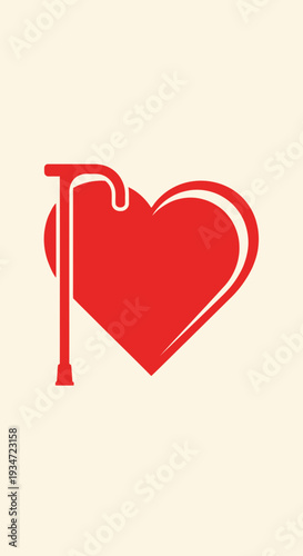 Heart Shape Symbol Combining Walking Stick Represents Support, Care, and Longevity Concept Design