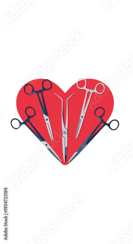 Heart Shaped Composition Of Surgical Scissors Against a Red Background Symbolizing Care and