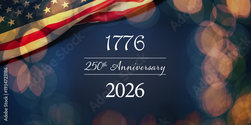 The wrinkled flag of the USA draped onto a flat dark blue surface with a bokeh light overlay and the text 