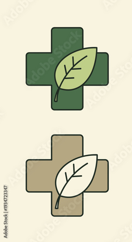 Holistic Healthcare Symbol: Modern Green Cross Design with Leaf Emblem for Wellness