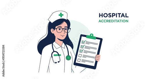 Hospital Accreditation Process Depicted With A Smiling Nurse And A Clipboard