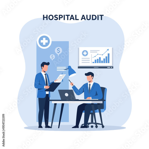 Hospital Administrators Collaborate During Financial Audit Process with Detailed Data Analysis