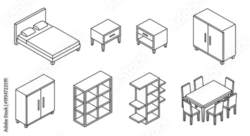 Collection of isometric furniture line art drawings.