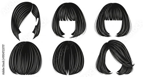 Collection of six different hairstyles in black and white sketch style.