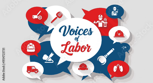 Voices of labor illustration with diverse profession icons in speech bubbles labor rights and workers' voices concept blue and red color