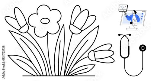 Healthcare concept. Healthcare combines nature and technology with flowers, stethoscope, and data analysis. Healthcare innovations for well-being. For medicine, nature, diagnostics, telemedicine