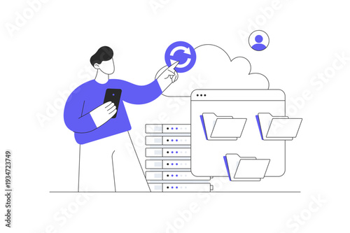 Cloud computing. Cloud Technology Computing Service. Synchronizing, sharing, backup files. Flat Cartoon Vector Illustration, icon Stylish abstract design landing page web