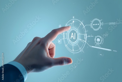 A businessman's finger touches a digital button on a futuristic touchscreen interface representing an innovative communication technology solution for the global business network