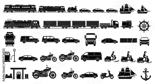 Collection of various transportation vehicles and modes of transport.