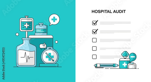 Hospital Audit: Healthcare, Medicine and Medical Supplies Illustration on Teal and White Background