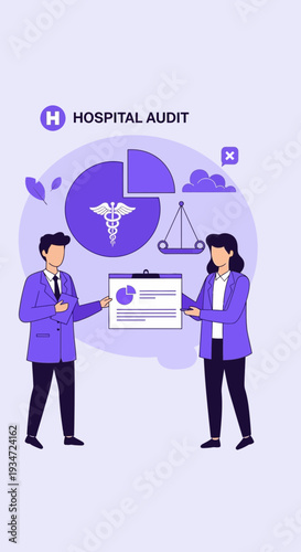 Hospital Audit Illustration Demonstrating Data Analysis and Medical Financial Performance